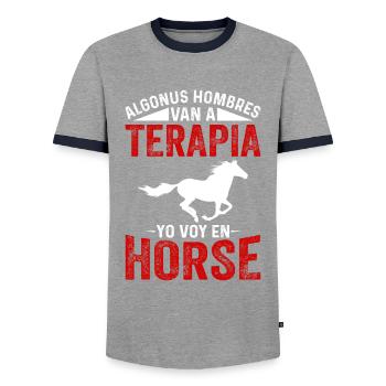 Algonus Men's Therapy I go horseback riding - Men's Ringer Shirt - grey/navy  - Front - AI Model Female 172 light (172cm) & AI Model Male 178 light (178cm)