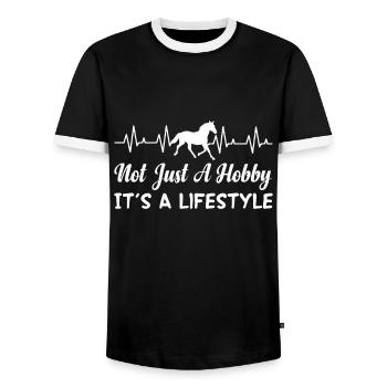 Pas seulement un passe-temps, mais un style de vie Équitation - T-shirt contrasté Homme - noir/blanc - Devant - AI Model Female 172 light (172cm) & AI Model Male 178 light (178cm)