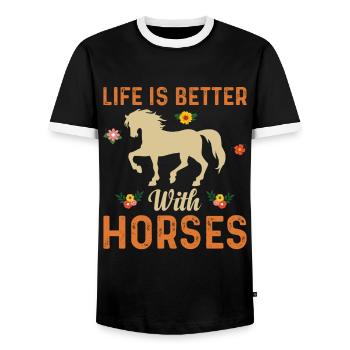 Das Leben Ist Besser Mit Pferden Flower Power - Männer Kontrast-T-Shirt - Schwarz/Weiß - Vorne - AI Model Female 172 light (172cm) & AI Model Male 178 light (178cm)