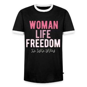 Woman Life Freedom - Männer Kontrast-T-Shirt - Schwarz/Weiß - Vorne - AI Model Female 172 light (172cm) & AI Model Male 178 light (178cm)