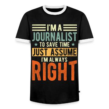 Journalist - Männer Kontrast-T-Shirt - Schwarz/Weiß - Vorne - AI Model Female 172 light (172cm) & AI Model Male 178 light (178cm)