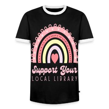 Support Your Local Library - Men's Ringer Shirt - black/white - Front - AI Model Female 172 light (172cm) & AI Model Male 178 light (178cm)