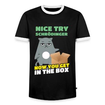 Nice Try Schrödinger Schrödinger's Cat - Men's Ringer Shirt - black/white - Front - AI Model Female 172 light (172cm) & AI Model Male 178 light (178cm)