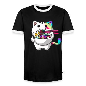 Kawaii Cat Japanese Ramen Noodles Rainbow Ni - Men's Ringer Shirt - black/white - Front - AI Model Female 172 light (172cm) & AI Model Male 178 light (178cm)