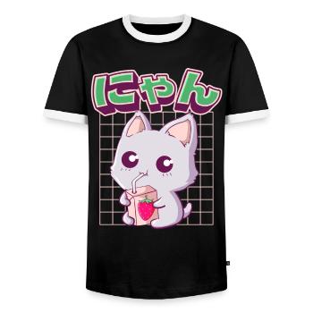 Kawaii Katze Japanische Erdbeermilch - Männer Kontrast-T-Shirt - Schwarz/Weiß - Vorne - AI Model Female 172 light (172cm) & AI Model Male 178 light (178cm)