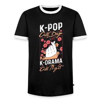 K-Pop All Day K-Drama All Night Korea Kawaii Anime - Men's Ringer Shirt - black/white - Front - AI Model Female 172 light (172cm) & AI Model Male 178 light (178cm)