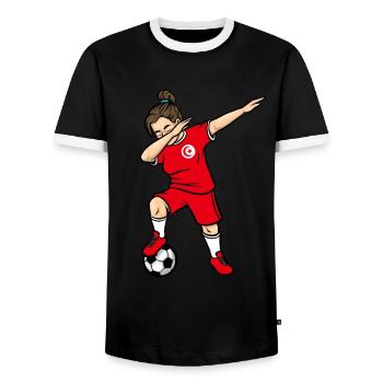 Dabbing Soccer Player Girls Tunisia Soccer - Men's Ringer Shirt - black/white - Front - AI Model Female 172 light (172cm) & AI Model Male 178 light (178cm)