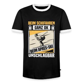 Skifahrer beim Apres Ski unschlagbar Ski - Männer Kontrast-T-Shirt - Schwarz/Weiß - Vorne - AI Model Female 172 light (172cm) & AI Model Male 178 light (178cm)