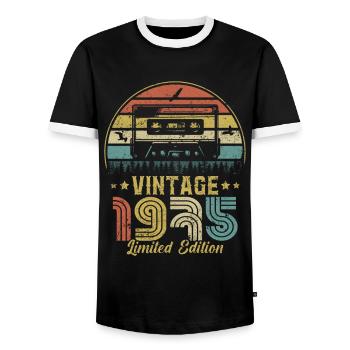 Vintage-Kassette 1975 - Männer Kontrast-T-Shirt - Schwarz/Weiß - Vorne - AI Model Female 172 light (172cm) & AI Model Male 178 light (178cm)