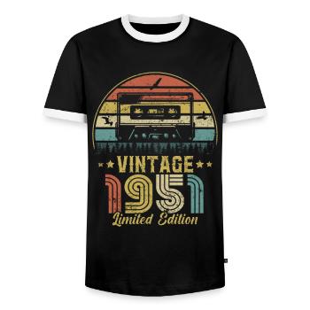 Vintage-Kassette 1951 - Männer Kontrast-T-Shirt - Schwarz/Weiß - Vorne - AI Model Female 172 light (172cm) & AI Model Male 178 light (178cm)