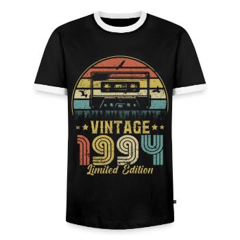 Vintage-Kassette 1994 - Männer Kontrast-T-Shirt - Schwarz/Weiß - Vorne - AI Model Female 172 light (172cm) & AI Model Male 178 light (178cm)