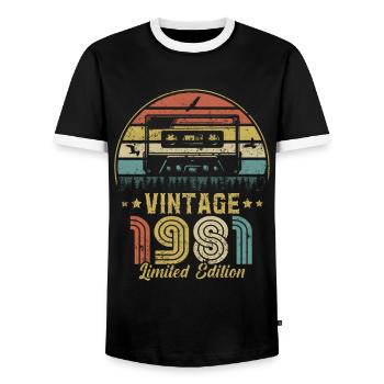 Vintage-Kassette 1981 - Männer Kontrast-T-Shirt - Schwarz/Weiß - Vorne - AI Model Female 172 light (172cm) & AI Model Male 178 light (178cm)