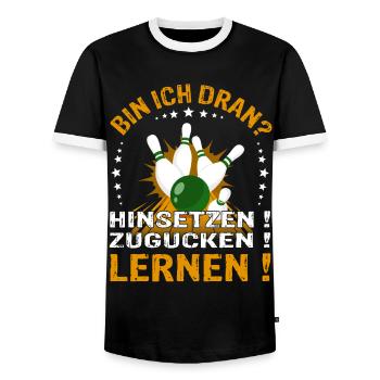 "Bin ich Dran?" Kegelspieler Kegler - Männer Kontrast-T-Shirt - Schwarz/Weiß - Vorne - AI Model Female 172 light (172cm) & AI Model Male 178 light (178cm)
