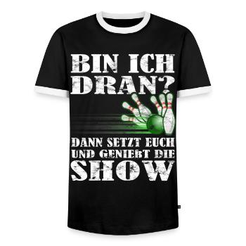 "Bin ich dran?" Kegelspieler Kegler - Männer Kontrast-T-Shirt - Schwarz/Weiß - Vorne - AI Model Female 172 light (172cm) & AI Model Male 178 light (178cm)