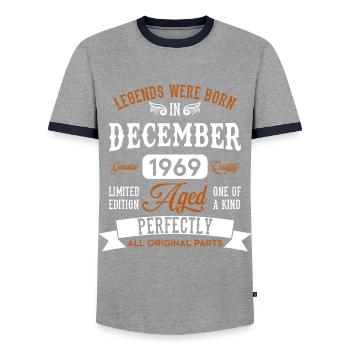 Born December 1969 Birthday gift - Men's Ringer Shirt - grey/navy  - Front - AI Model Female 172 light (172cm) & AI Model Male 178 light (178cm)