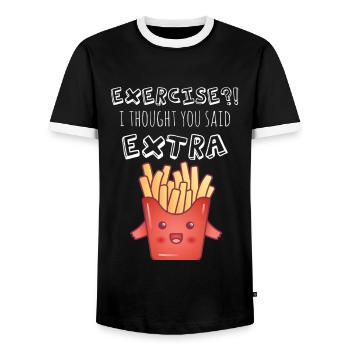 Exercise - I Thought You Said Extra Fries?! - Men's Ringer Shirt - black/white - Front - AI Model Female 172 light (172cm) & AI Model Male 178 light (178cm)