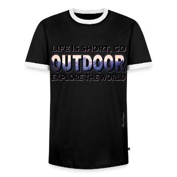 Explore the world, Mountains and forests, Hiking - Men's Ringer Shirt - black/white - Front - AI Model Female 172 light (172cm) & AI Model Male 178 light (178cm)