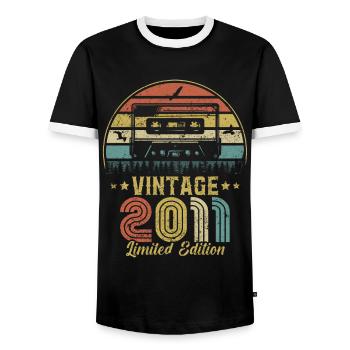 Vintage-Kassette 2011 - Männer Kontrast-T-Shirt - Schwarz/Weiß - Vorne - AI Model Female 172 light (172cm) & AI Model Male 178 light (178cm)