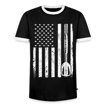 Darts Player Darts - Men's Ringer Shirt - black/white - Front - AI Model Female 172 light (172cm) & AI Model Male 178 light (178cm)