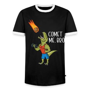Comet Me Bro Funny T-Rex Dinosaur Pun Gym Workout - Men's Ringer Shirt - black/white - Front - AI Model Female 172 light (172cm) & AI Model Male 178 light (178cm)
