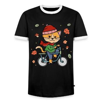 Cycling Autumn Cycling Cat Rider - Men's Ringer Shirt - black/white - Front - AI Model Female 172 light (172cm) & AI Model Male 178 light (178cm)