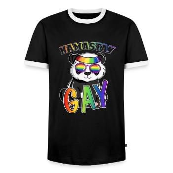 Rainbow Namastay Gay Yoga Meditator Illustration - Männer Kontrast-T-Shirt - Schwarz/Weiß - Vorne - AI Model Female 172 light (172cm) & AI Model Male 178 light (178cm)