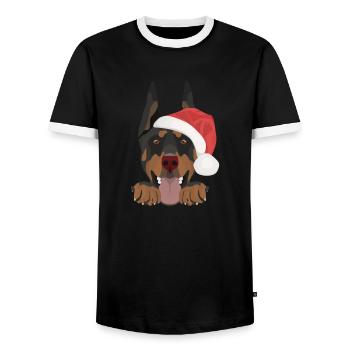Dobermann Frohe Weihnachten - Männer Kontrast-T-Shirt - Schwarz/Weiß - Vorne - AI Model Female 172 light (172cm) & AI Model Male 178 light (178cm)