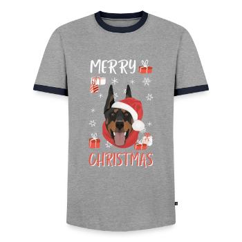 Dobermann Frohe Weihnachten - Männer Kontrast-T-Shirt - Grau/Navy  - Vorne - AI Model Female 172 light (172cm) & AI Model Male 178 light (178cm)