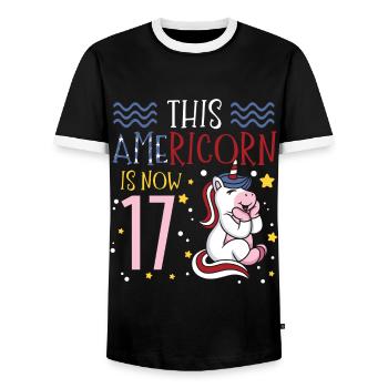 This Americorn is now 17 Unicorn Pony 4. - Men's Ringer Shirt - black/white - Front - AI Model Female 172 light (172cm) & AI Model Male 178 light (178cm)
