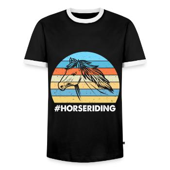 Horseriding Colorful Sunset Background White - Men's Ringer Shirt - black/white - Front - AI Model Female 172 light (172cm) & AI Model Male 178 light (178cm)