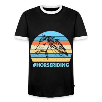 Horseback Riding Colorful Sunset Background Horse - Men's Ringer Shirt - black/white - Front - AI Model Female 172 light (172cm) & AI Model Male 178 light (178cm)