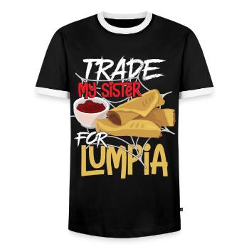 Trade My Sister For Lumpia - Men's Ringer Shirt - black/white - Front - AI Model Female 172 light (172cm) & AI Model Male 178 light (178cm)
