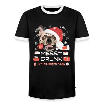 French Bulldog Christmas Market - Men's Ringer Shirt - black/white - Front - AI Model Female 172 light (172cm) & AI Model Male 178 light (178cm)