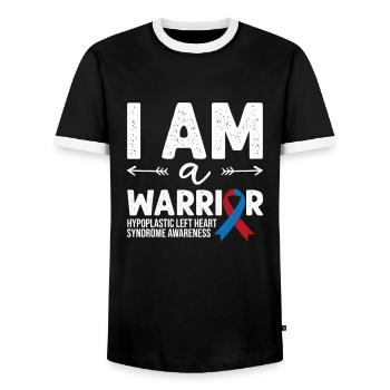 Je suis un guerrier, Ruban rouge et bleu HLHS Sensibilisation - T-shirt contrasté Homme - noir/blanc - Devant - AI Model Female 172 light (172cm) & AI Model Male 178 light (178cm)