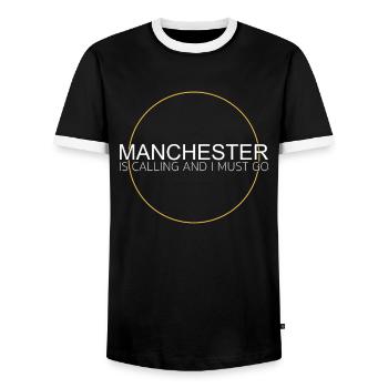 Manchester Quote - Men's Ringer Shirt - black/white - Front - AI Model Female 172 light (172cm) & AI Model Male 178 light (178cm)