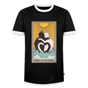 Cat The Lovers Tarot Card Design for a Tarot - Men's Ringer Shirt - black/white - Front - AI Model Female 172 light (172cm) & AI Model Male 178 light (178cm)