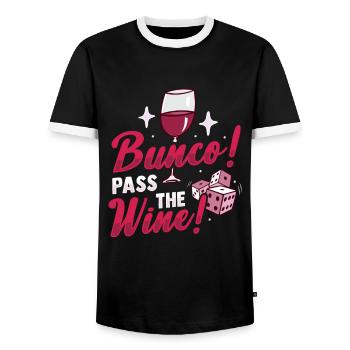Bunco Pass the Wine Design for Bunco Babe and Wine - Men's Ringer Shirt - black/white - Front - AI Model Female 172 light (172cm) & AI Model Male 178 light (178cm)