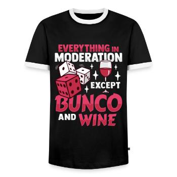 Bunco Wine Design for Bunco Babe and Wine Drinkers - Men's Ringer Shirt - black/white - Front - AI Model Female 172 light (172cm) & AI Model Male 178 light (178cm)