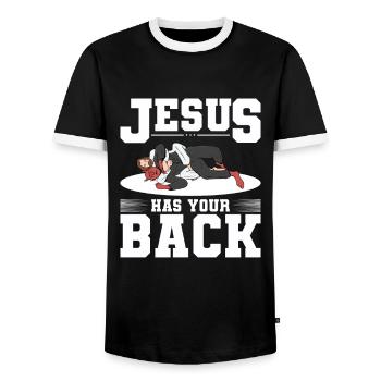 Jesus has your back Design for God Beli - Men's Ringer Shirt - black/white - Front - AI Model Female 172 light (172cm) & AI Model Male 178 light (178cm)