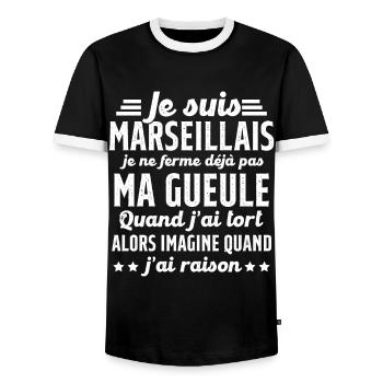 Marseillais je ferme pas ma gueule cadeau humour - T-shirt contrasté Homme - noir/blanc - Devant - AI Model Female 172 light (172cm) & AI Model Male 178 light (178cm)
