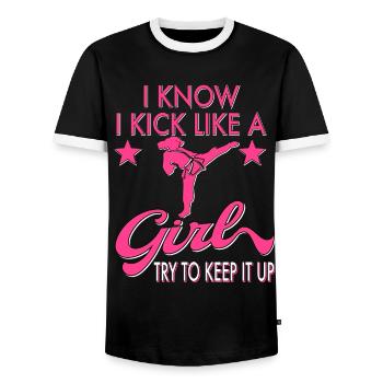 Karate Taekwondo Mädchen Frauen Karate Kick - Männer Kontrast-T-Shirt - Schwarz/Weiß - Vorne - AI Model Female 172 light (172cm) & AI Model Male 178 light (178cm)