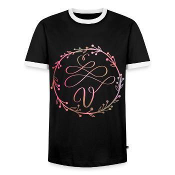 Monogram, letter V, calligraphy ornament - Men's Ringer Shirt - black/white - Front - AI Model Female 172 light (172cm) & AI Model Male 178 light (178cm)