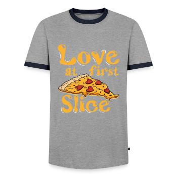 Love At First Slice, les amateurs de pizza - T-shirt contrasté Homme - gris/marine  - Devant - AI Model Female 172 light (172cm) & AI Model Male 178 light (178cm)