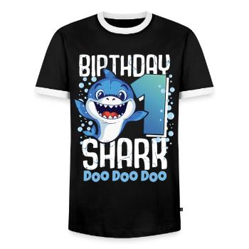 Birthday Shark 1. Geburtstag Haifisch 1 Jahr Hai - Männer Kontrast-T-Shirt - Schwarz/Weiß - Vorne - AI Model Female 172 light (172cm) & AI Model Male 178 light (178cm)