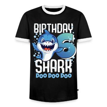 Birthday Shark 6. Geburtstag Haifisch 6 Jahre Hai - Männer Kontrast-T-Shirt - Schwarz/Weiß - Vorne - AI Model Female 172 light (172cm) & AI Model Male 178 light (178cm)