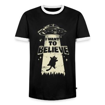Je veux croire - Un chat est kidnappé par un OVNI - T-shirt contrasté Homme - noir/blanc - Devant - AI Model Female 172 light (172cm) & AI Model Male 178 light (178cm)