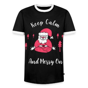 Keep Calm And Merry On Funny Yoga Christmas - Men's Ringer Shirt - black/white - Front - AI Model Female 172 light (172cm) & AI Model Male 178 light (178cm)