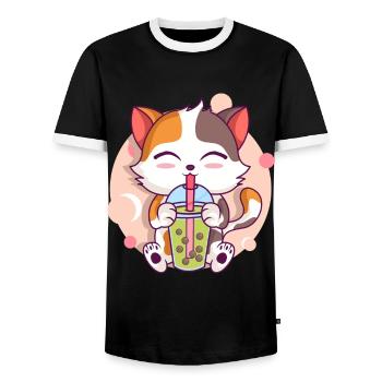 Anime Kawaii Katze Trinkt Boba Tea bubble Tea - Männer Kontrast-T-Shirt - Schwarz/Weiß - Vorne - AI Model Female 172 light (172cm) & AI Model Male 178 light (178cm)