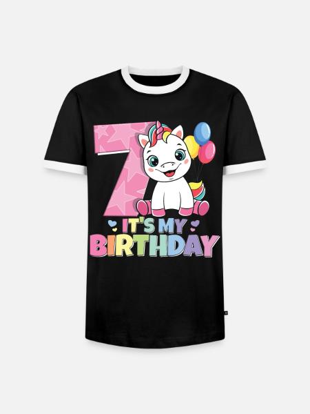 Rainbow Unicorn 7th Birthday Girl 7 år - Kontrast-T-shirt herr - svart/vit