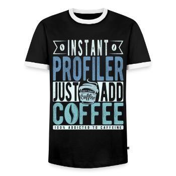 Profiler Coffee Quote - Men's Ringer Shirt - black/white - Front - AI Model Female 172 light (172cm) & AI Model Male 178 light (178cm)
